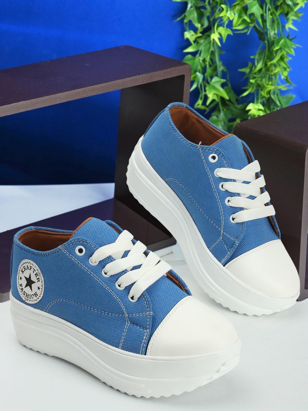 KRAFTER Chunky Denim Sneakers for Women & Girls – Sky Blue Casual Walking Shoes Comfortable Fit Trendy Everyday Wear – UK 6 – Model HP-1330-39