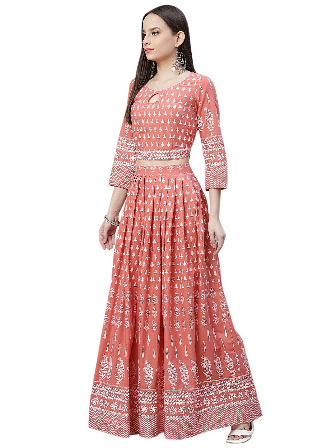 Divena Pink Printed Crop Top, lehenga with Dupatta set