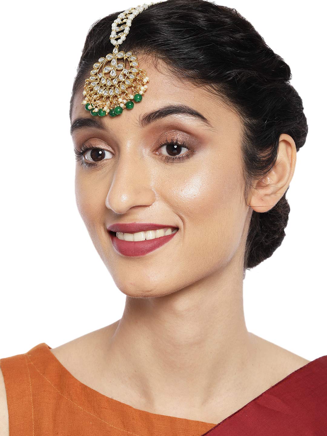 Zaveri Pearls Kundan & Dangling Green Beads Mesmerising Maangtikka for Women-ZPFK9452