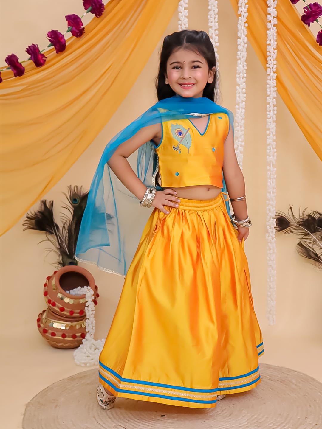 The Mom Store Girls Lehenga Set With Dupatta Ethnic Wear | Stylish Kids/baby for Festivals & Special Occasions | Rang Radha, Yellow | 5-6Y