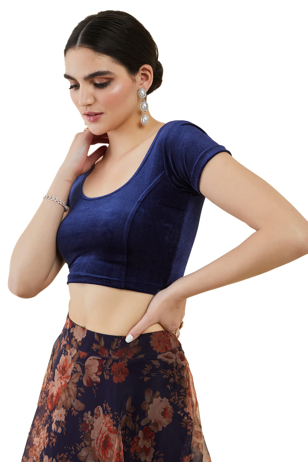 Soch Women Velvet Half Sleeve Navy Blue Princess Cut Blouse, 34