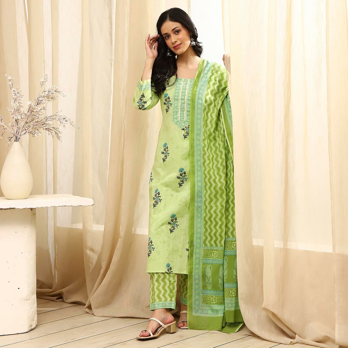 BIBA Women Lime Green Cotton Screen Print Unstitched Suit Set_FREE SIZE