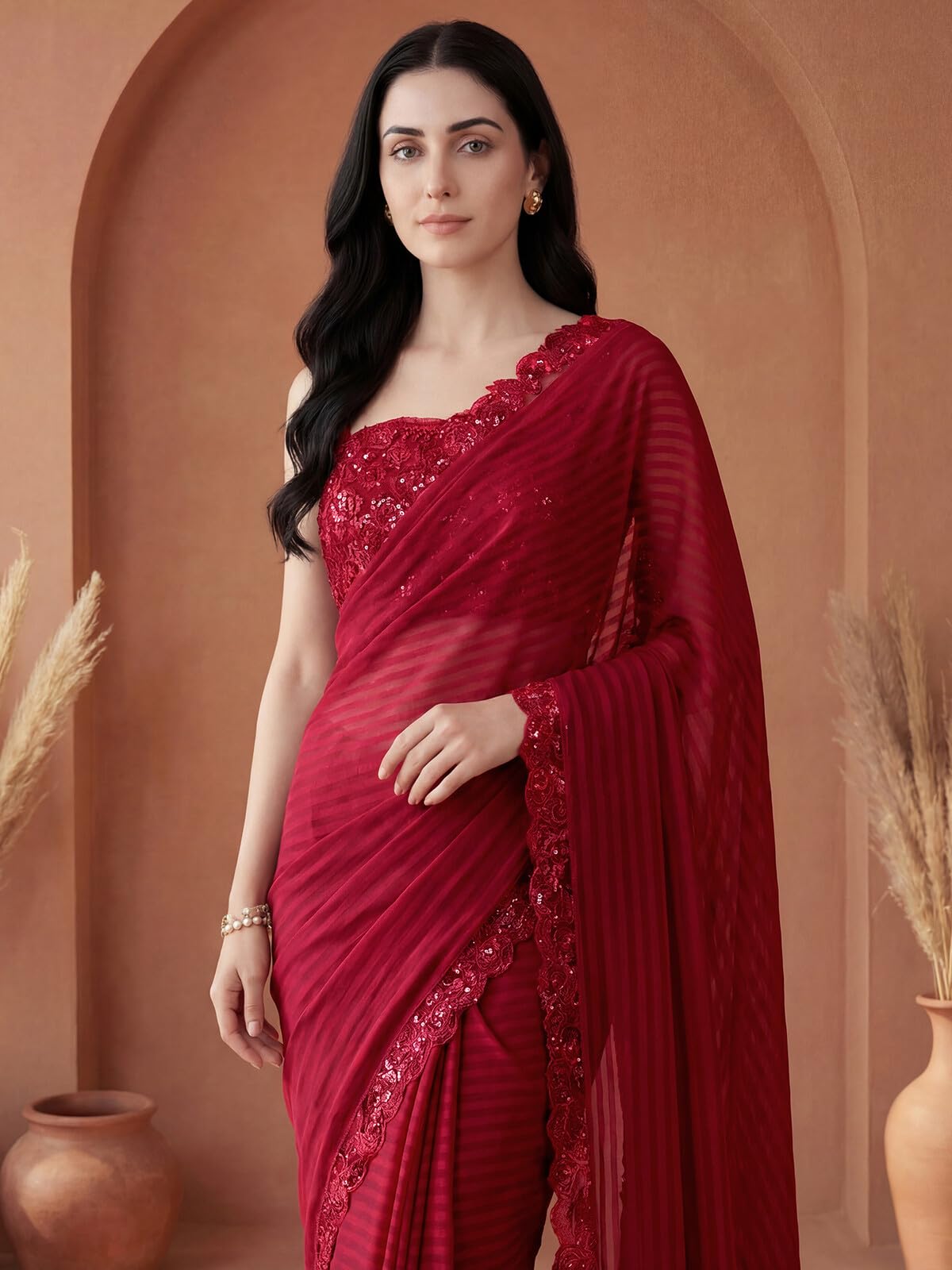 SIRIL Women's Georgette Stripes Embellished Saree with Unstitched Blouse Piece (2992S2671AAAA_Red)