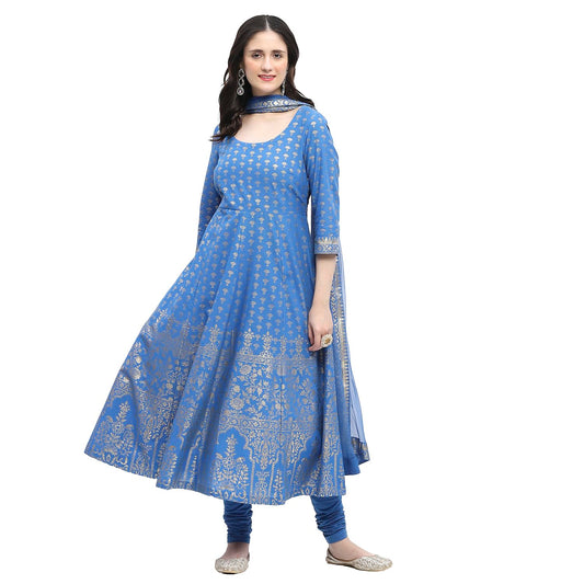 BIBA Women Cotton Printed Kurta Sets (SKD8792OAW24EBLU_Blue, Large