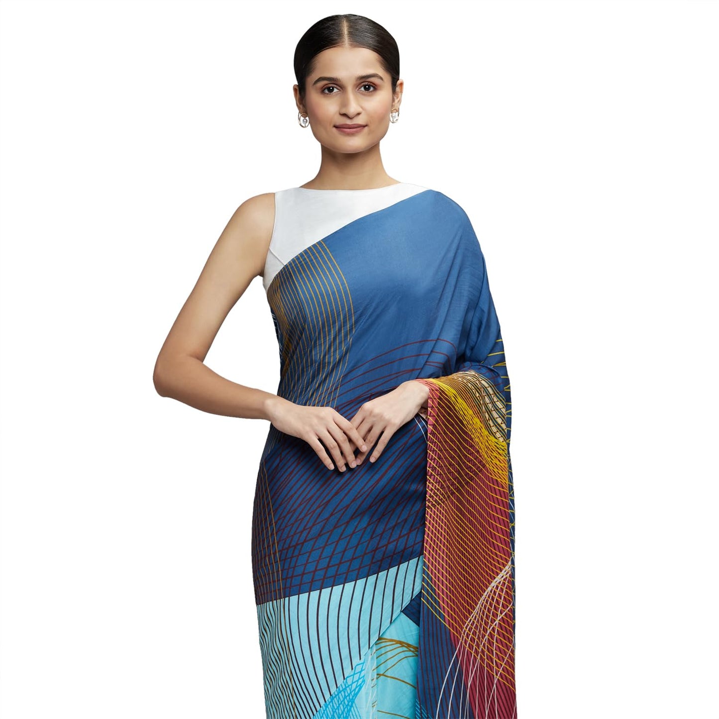 navyasa Dark Blue Liva Organza Geometric Print Saree