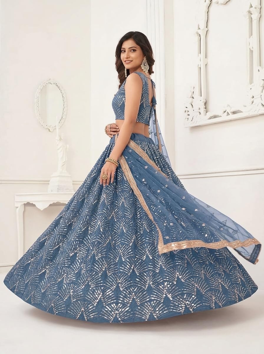 JIHU CULTURE Women's Net Lehenga Choli Set with Thread and Sequence Embroidery Work, Original Mirror Handwork Semi-Stitched Lehenga, Unstitched Blouse & Net Dupatta
