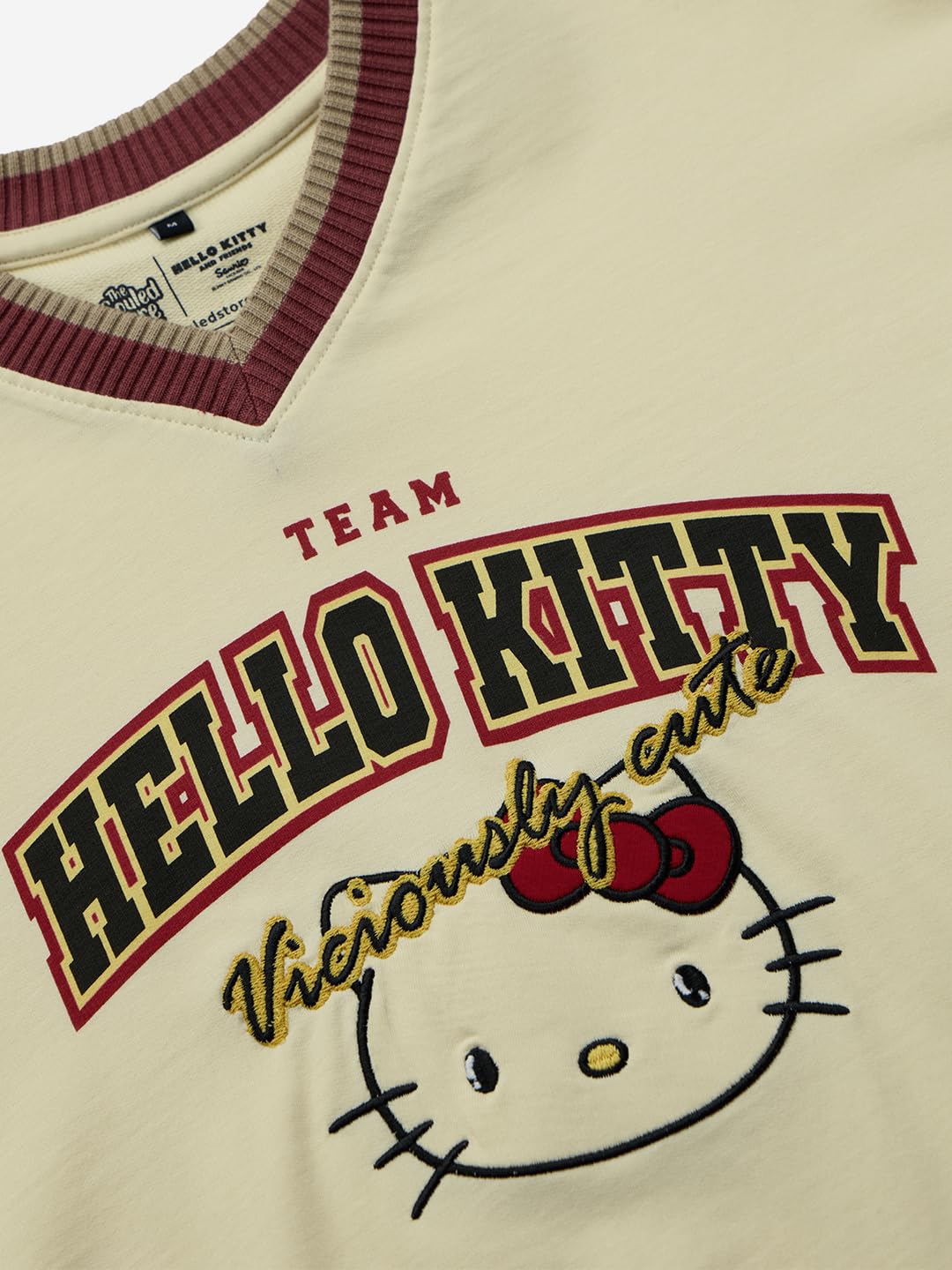 The Souled Store Hello Kitty: Viciously Cute Women and Girls V Neck Off White Graphic Printed Cotton Oversized Full Sleeves Tops