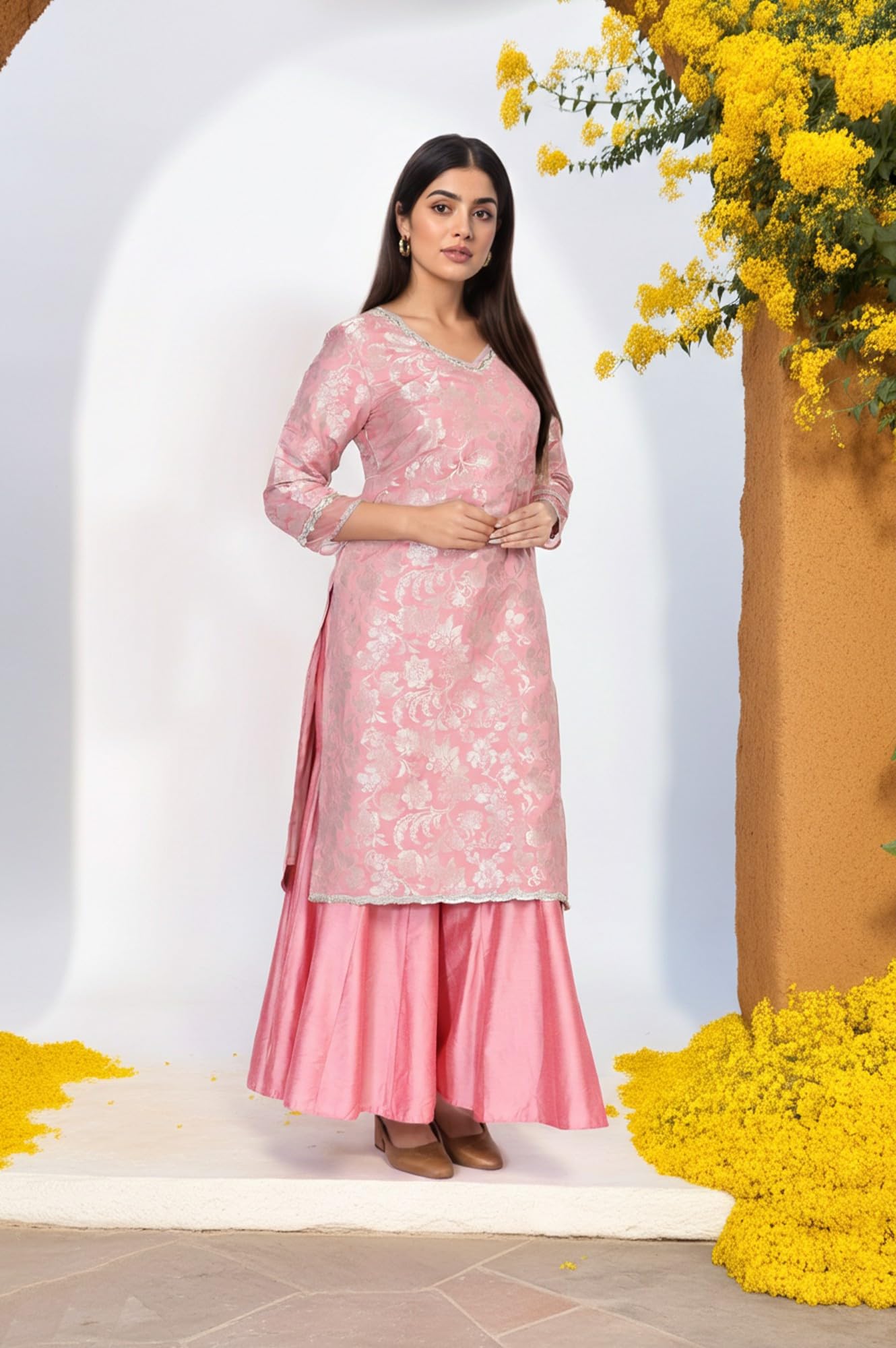 W for Woman Pink Self Design Jacquard Zari Work Straight Kurta with Sharara and Dupatta Set (WS13228-314309-2XL)