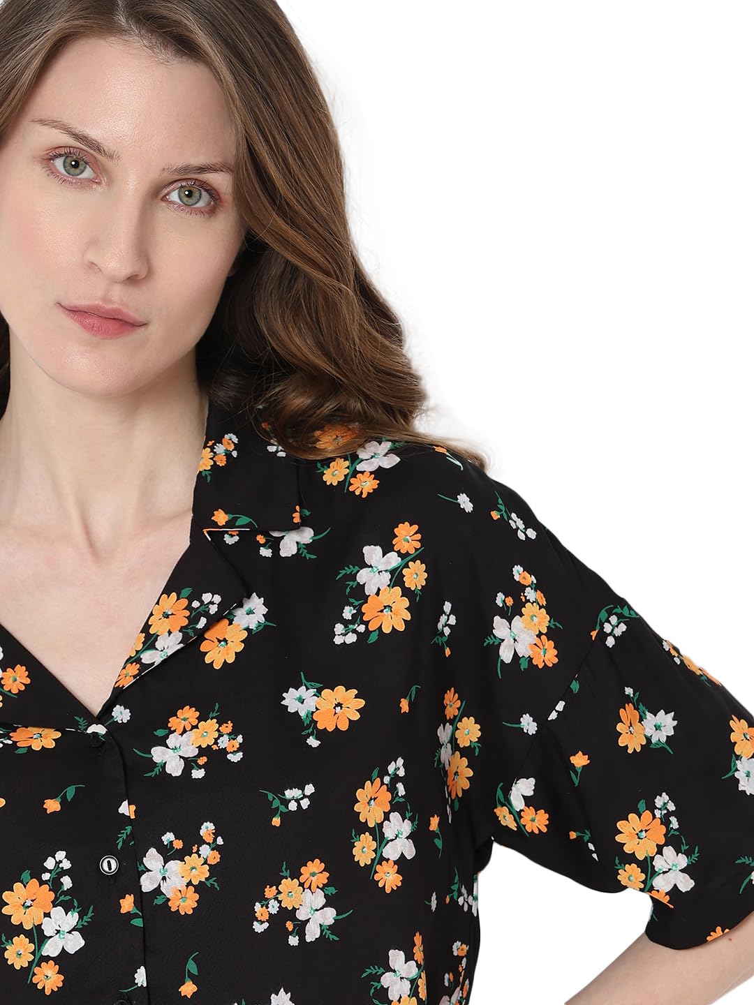 VERO MODA Women Floral Print Black Viscose Boxy Fit Crop Length Shirt