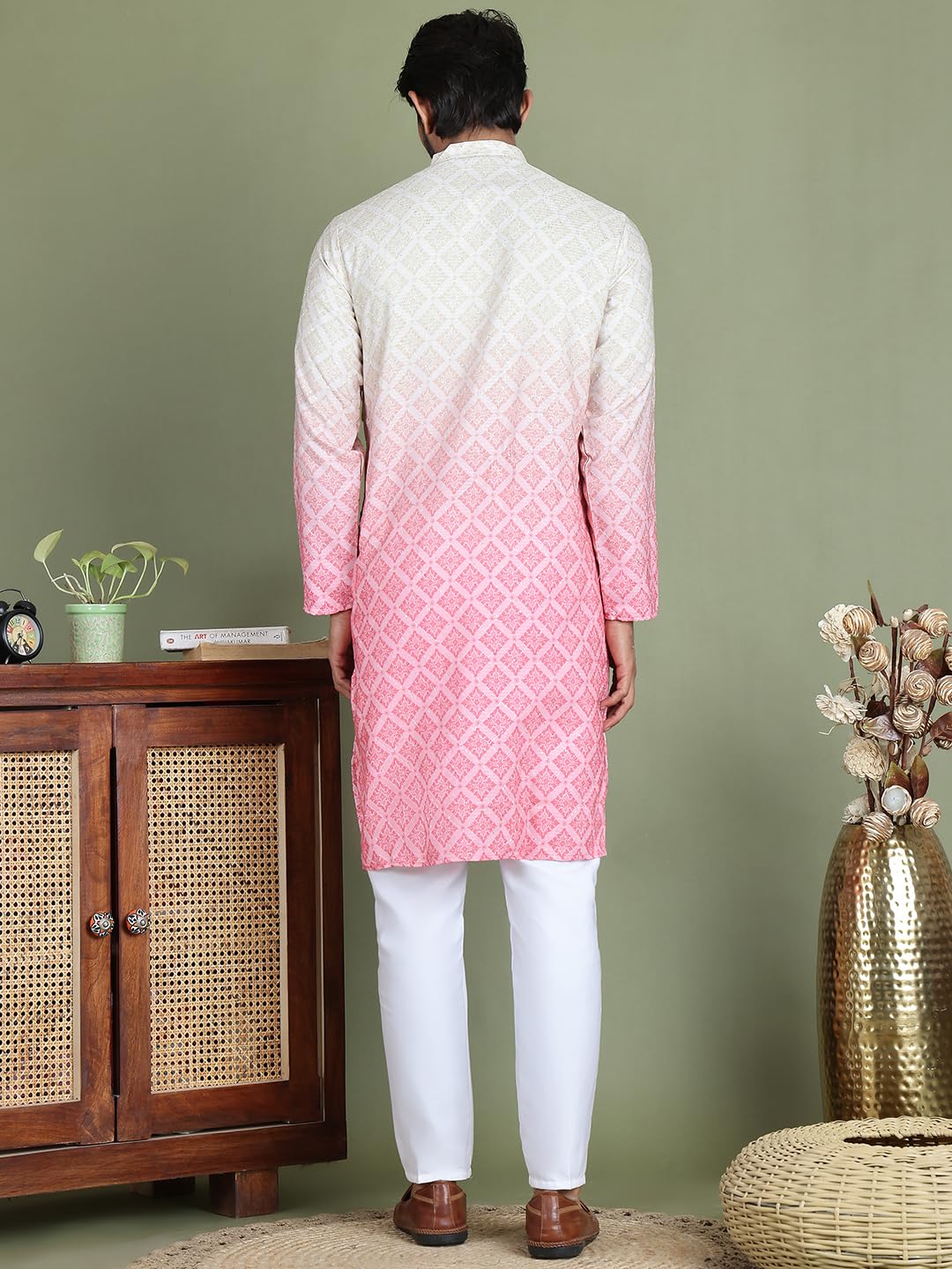 Jompers Ombre Printed Kurta Pyjama Set For Men - Peach, M