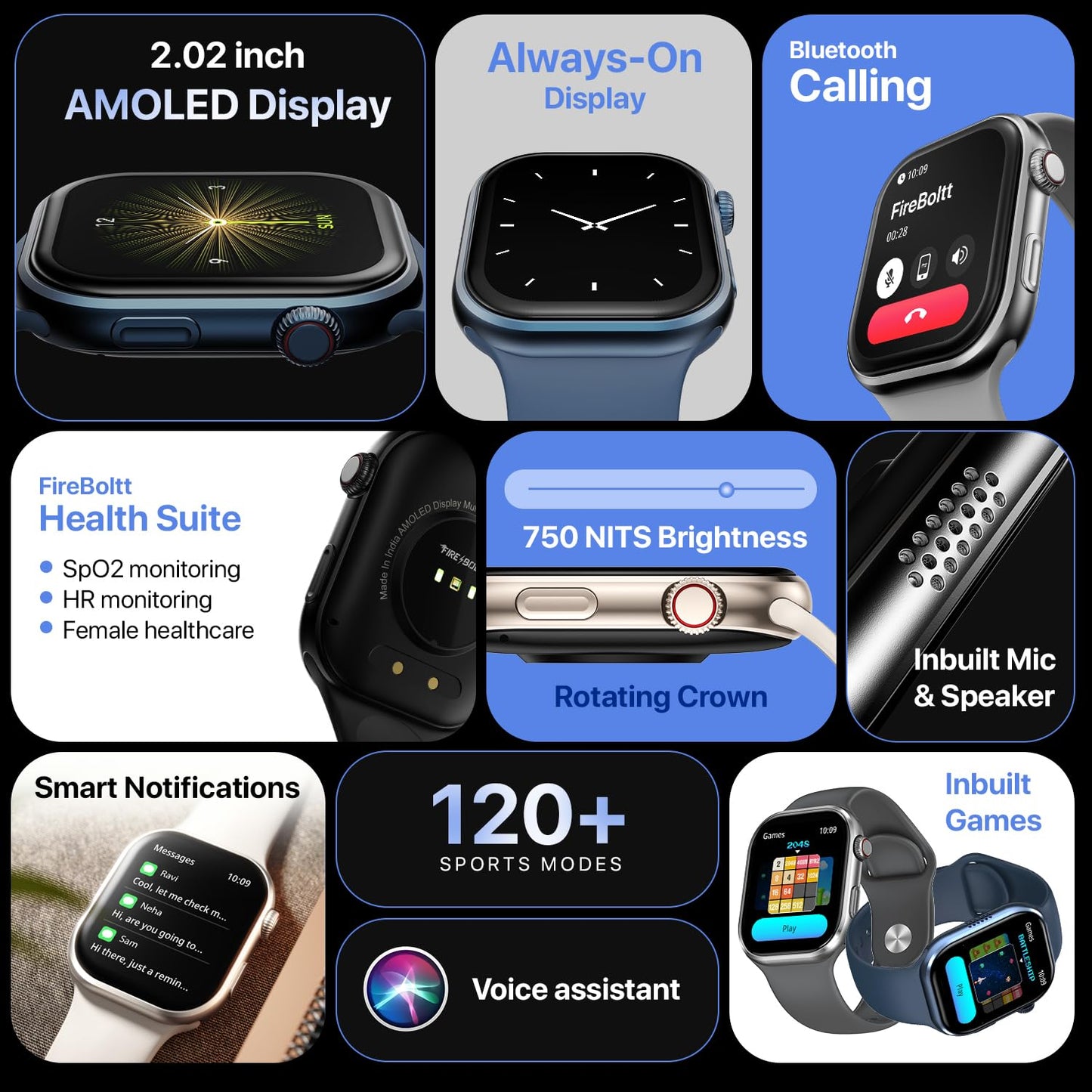 Fire-Boltt Brillia Smart Watch with 51.3mm (2.02 inch) AMOLED Display, Bluetooth Calling, SpO2, Heart Rate Monitoring, 120+ Sports Modes (Brillia, Beige)