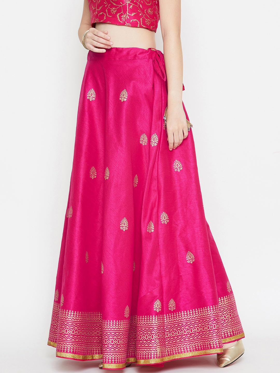 studio rasa Women's Dupion Block Printed Bias Skirt for Festive Wedding Party (SKTOC419RC170L_Pink_Large)