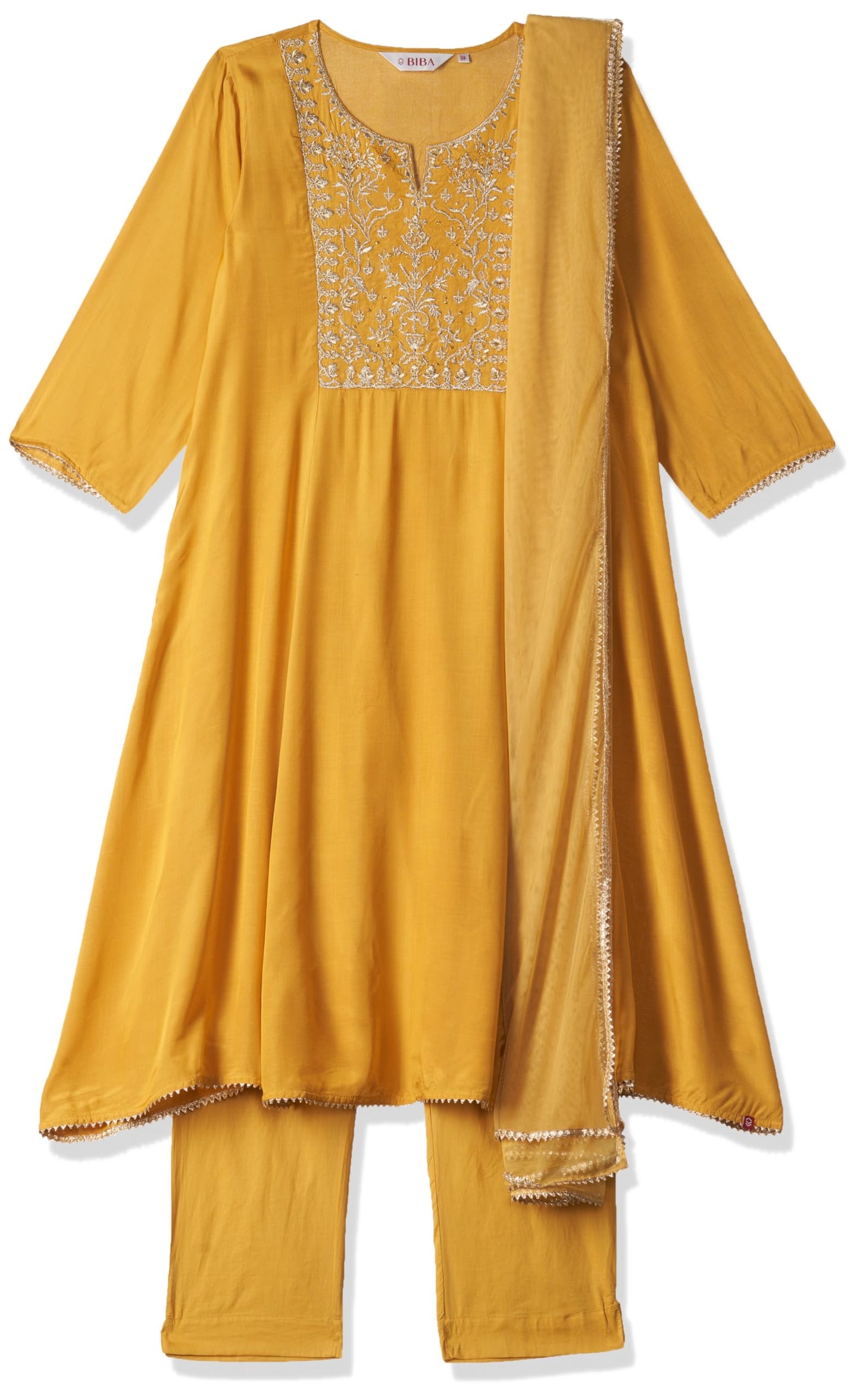 BIBA WOMEN EMBROIDERY NARROW SALWAR KURTA DUPATTA(SKD7454E_MUSTARD_32)