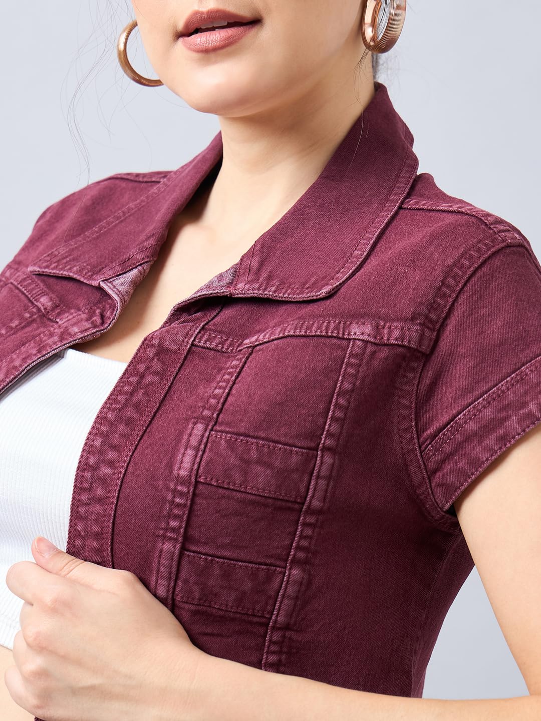 Style Quotient Women Wine Open Front Denim Shrug