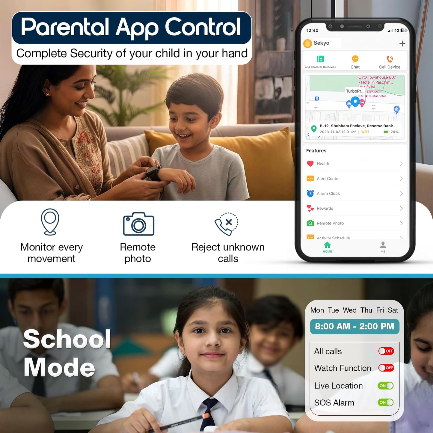 sekyo 'Neo Fit' 4G Kids Smartwatch with AI Learning Coach | Whatsapp, Video Call, GPS Tracker, Health & Activity Tracker, Habit Coach| Edu-Games, Step Count, Camera, Sim Card Parental App, Boys/Girls