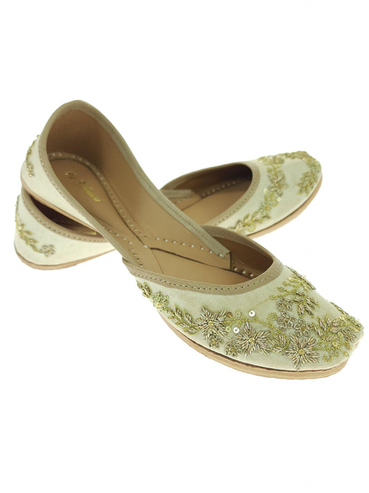 Fulkari Women's Paradise Beige Gold Soft Leather Embroidered Jutis | Bite and Pinch Free Jutti | Punjabi Formal Juttis | Girl's Wedding Flat Ladies Mojari | Formal Ethnic Juti | 42
