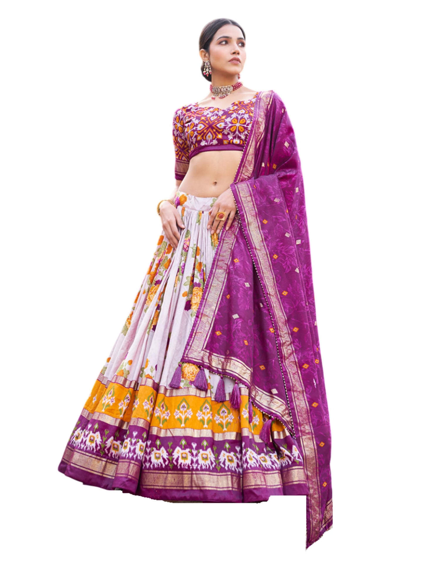 Snazzy Stitch Women Tussar Silk With Patola Print And Foil Work Lehenga choli (Purple)