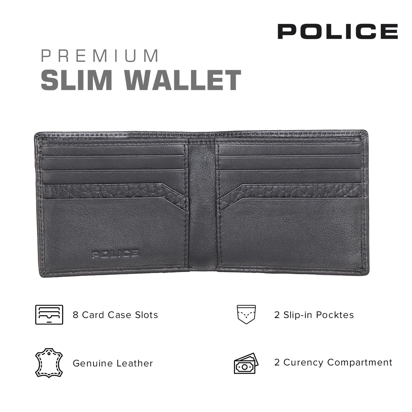 Police Jumbo Men's Slim Wallet | Leather Purse with 8 Card Slot, 2 Currency Compartment, 2 Slip-in Pockets -Black | Premium Design with Lagendary Style