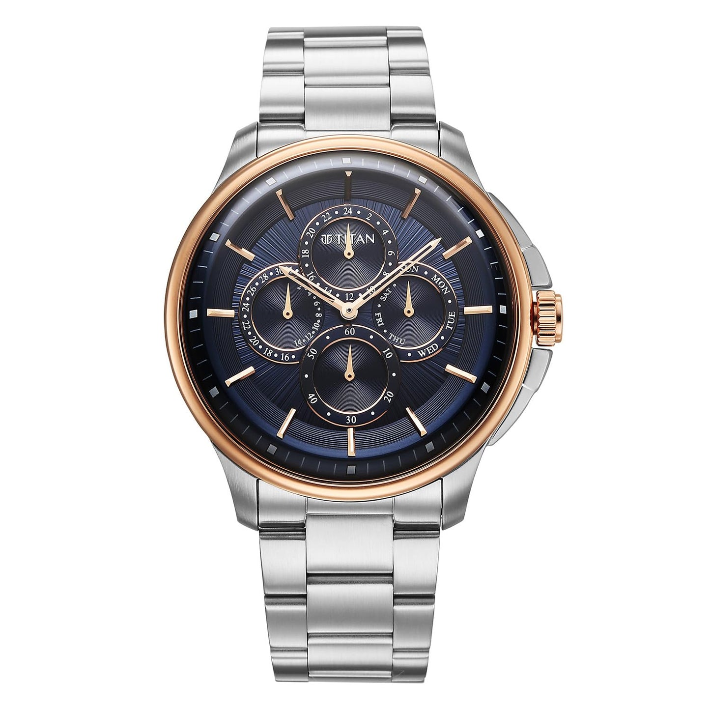 Titan Classique Four Eye Multifunction Analog with Blue Dial Silver Stainless Steel Strap Watch for Men - 90217KM04