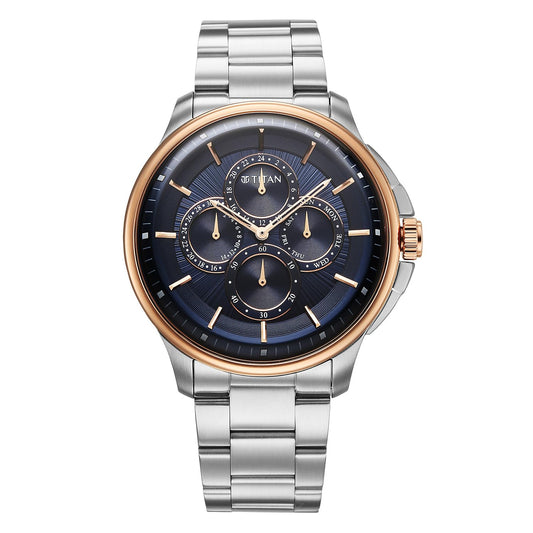 Titan Classique Four Eye Multifunction Analog with Blue Dial Silver Stainless Steel Strap Watch for Men - 90217KM04