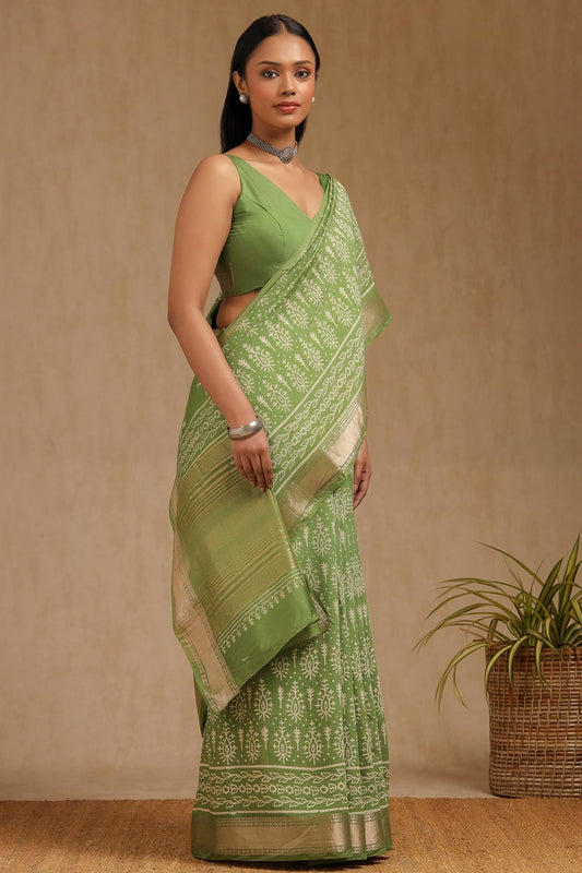 Soch Womens Light Green Viscose Block Print Saree