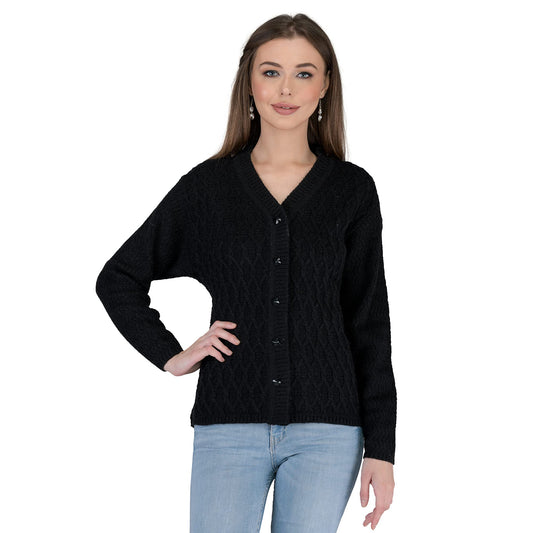 LADY WILLINGTON Women's Woolen V-Neck Self Design Rainbow Fabric Cardigan - Heavy, Warm, Pure Wool - Free Sizes (4XL, Black)