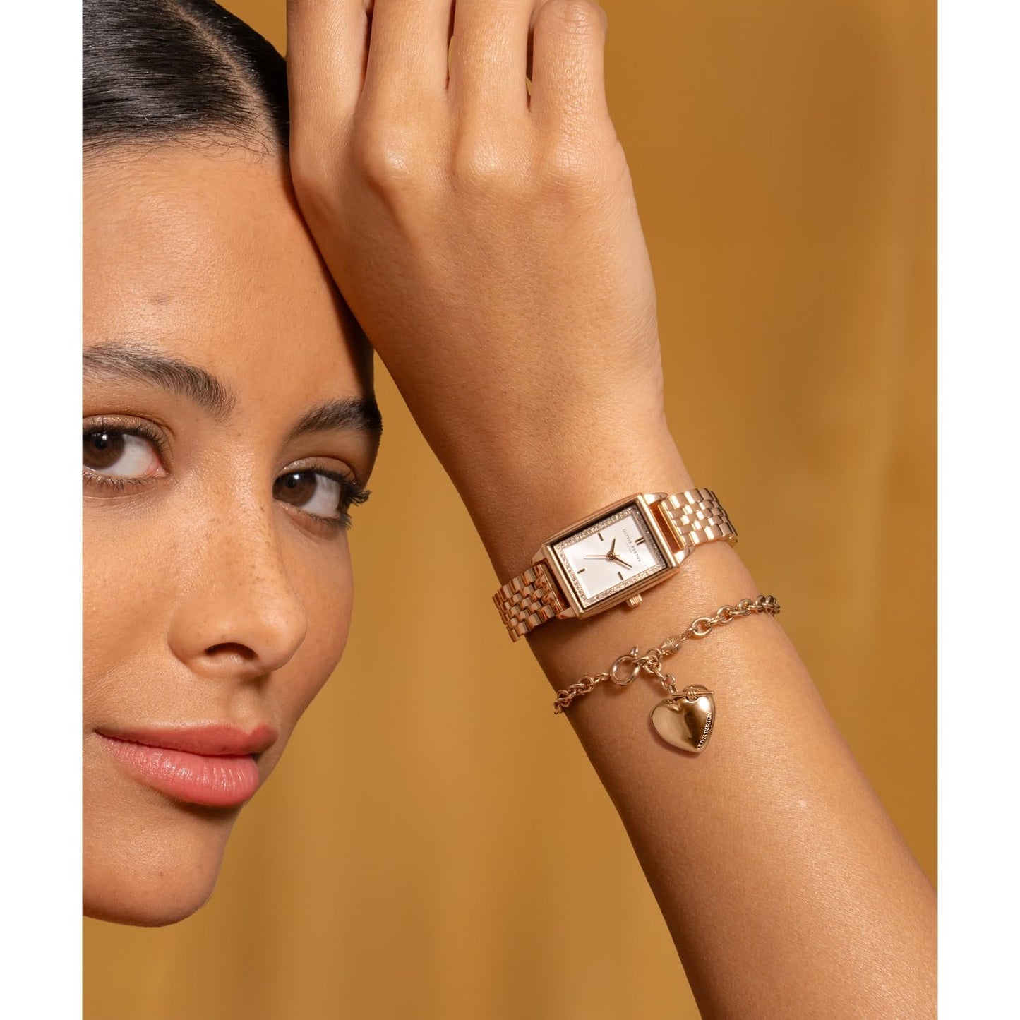 Olivia Burton Gift Set Qtz Basic Slim White Rectangle Dial Women's Watch|Ionic Plated Carnation Gold Steel Material|Gold Color Band - 24070013