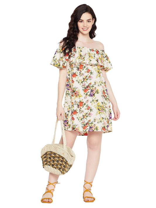 Clovia Women's Crepe Pretty Florals Resortwear Bardot Dress (RW0018P18_White_S)