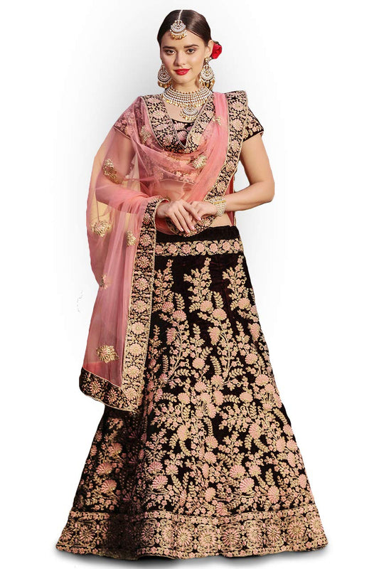 Zeel Clothing Women's Velvet Semi stitched Lehenga Choli (7063_Maroon_Free Size)