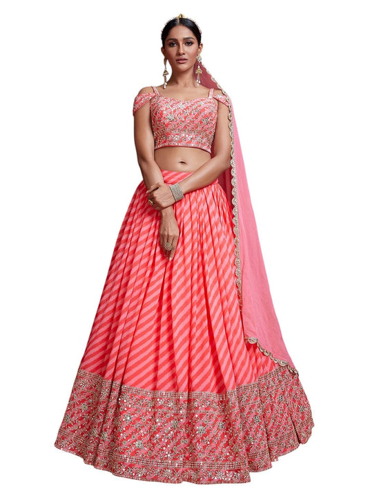 Zeel Clothing Women's Organza Laheriya Embroidered Semi-Stitched Lehenga Choli with Dupatta (107-Pink-Wedding-Bridal-Latest-Lehenga; Free Size)