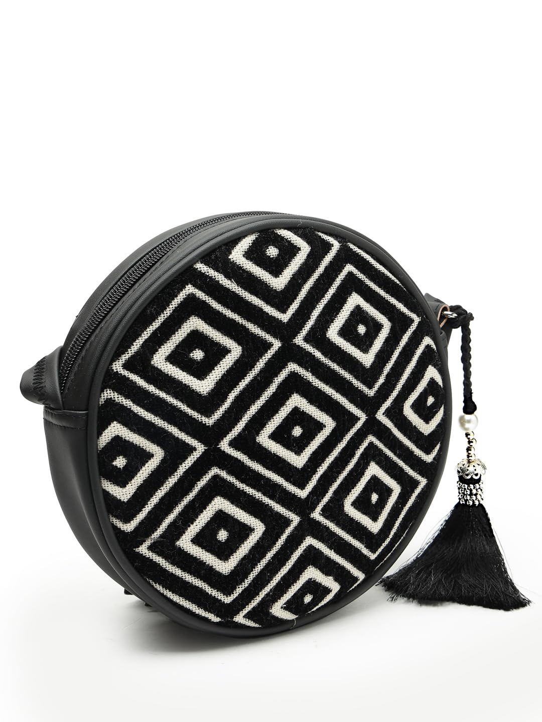 Anekaant Boho Black & Off White Diamond Cotton Jacquard Sling Bag