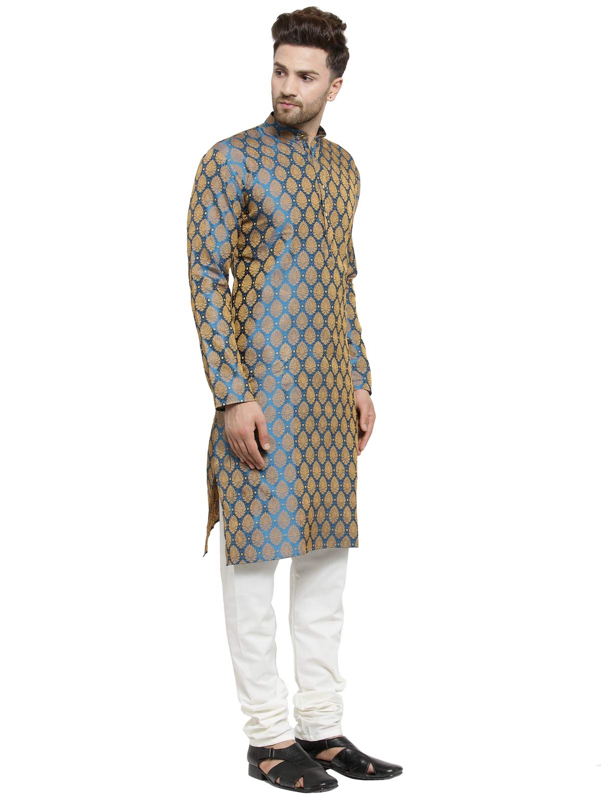 Jompers Men's Jacquard Silk Kurta and Pyjama(Blue,M)