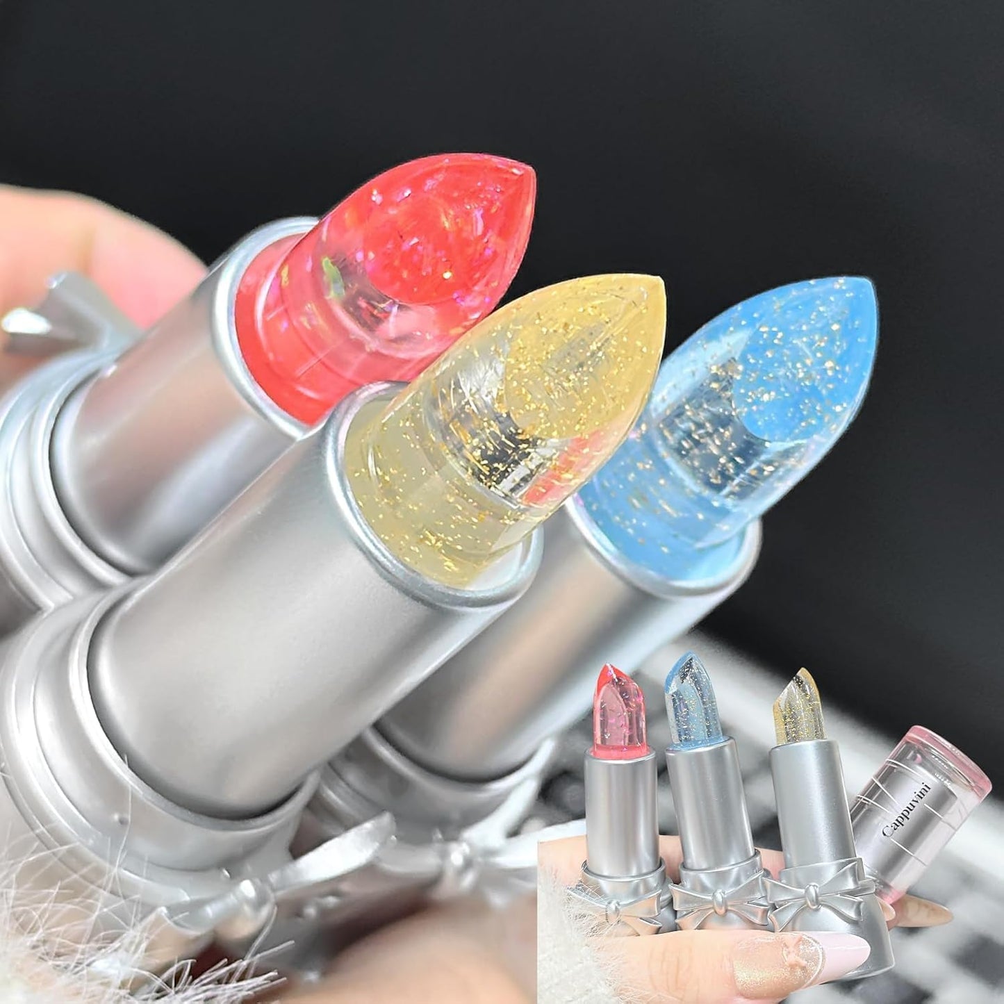 Cappuvini Sweet And Cool Bow Warm Lipstick | Crystal Transparent Lipstick with Glitter Shimmer | Color-Changing pH Adjusting Formula | Moist and Submissive Light Pink Lipsticks for Women | Glossy Finish Waterproof Long Lasting | Light Texture Lipsticks Cu