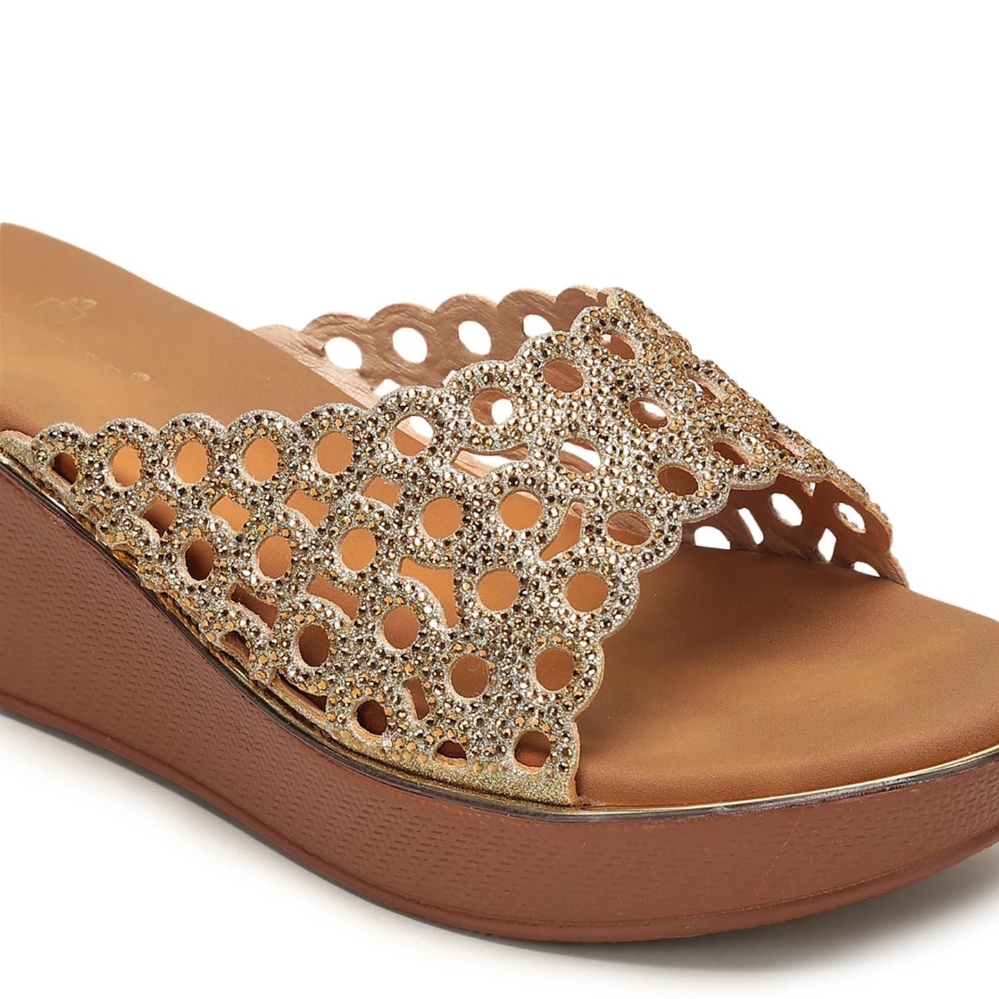 Marc Loire Women’s Flatform Heel Fashion Sandals | Elegant Embellished Slip-On Open Back Sandals for Casual, Ethnic & Party Outfits (Gold, UK Footwear Size System, Adult, Women, Numeric, Medium, 7)