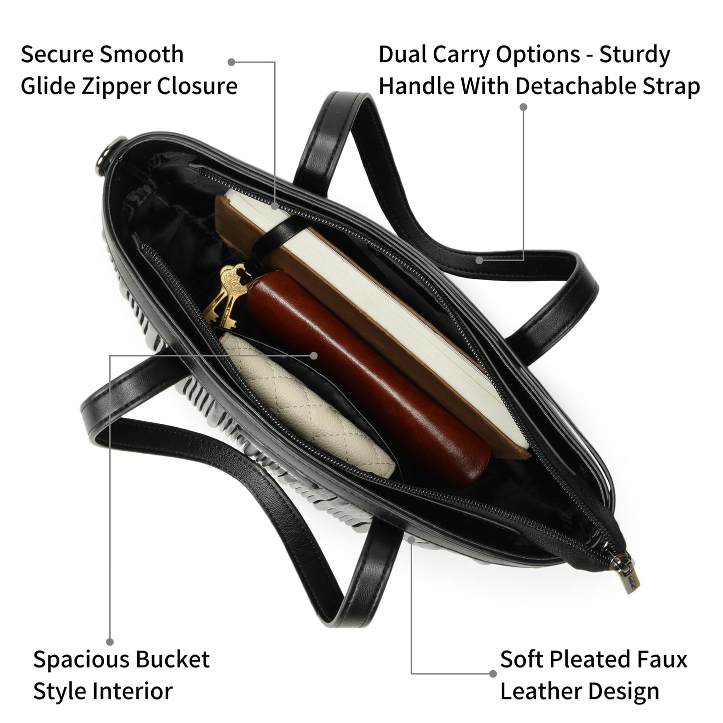 Fastrack BlackGroove Satchel | Women’s Faux-Leather Bucket Bag | Pleated Design, Gunmetal Hardware & Dual Carry Options