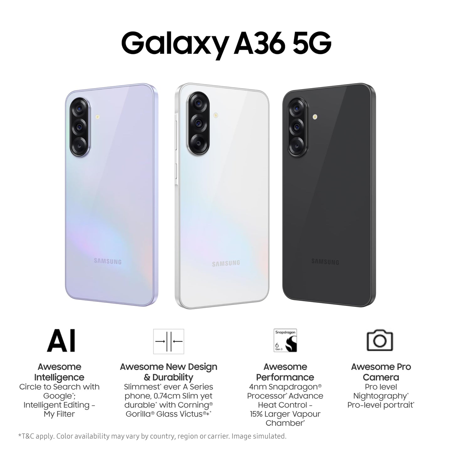 Samsung Galaxy A36 5G (Awesome Black, 8GB, 128GB) | Awesome Intelligence: Circle to Search, Intelligent Editing | Awesome 4nm Snapdragon Processor | Flagship Grade Selfie Camera