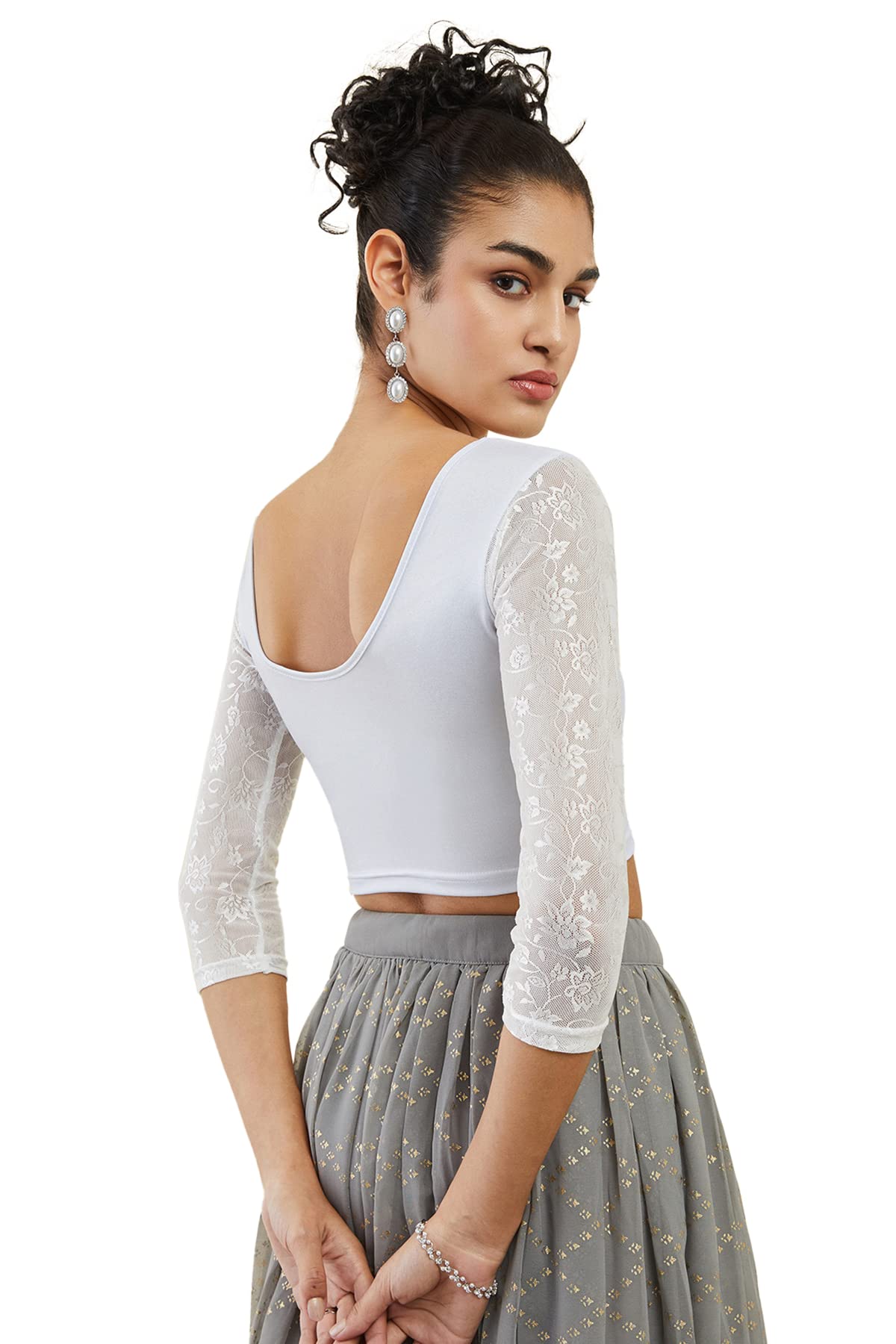 Soch Silver Spandex Prince Cut Blouse with Floral Sleeves