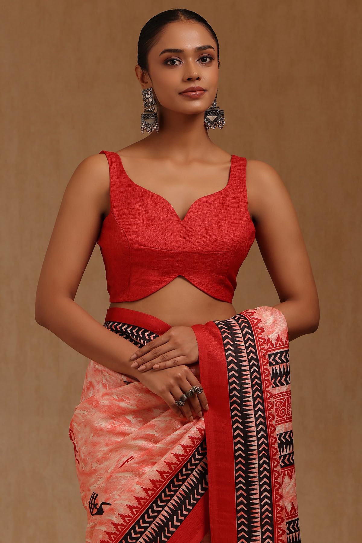 Soch Womens Red Art Silk Warli Print Saree