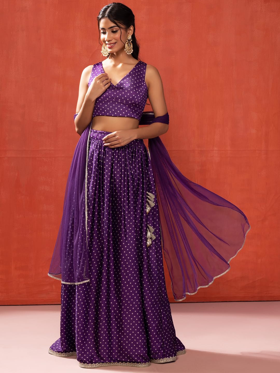 Indya Women's Satin Lehenga Sets (ICD00452_Purple_L)