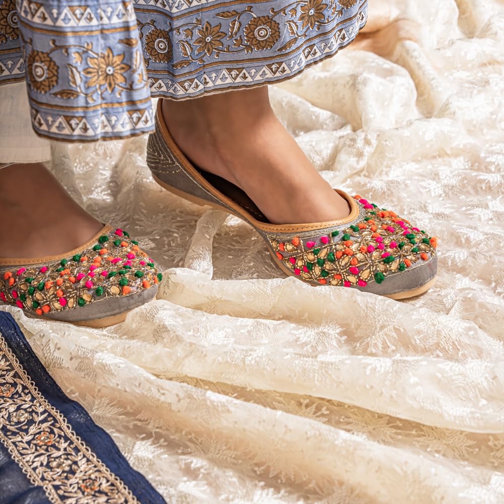 Indifeet � Jutti for Women, Punjabi Juti mojaris, Stylish mojri Footwear, New Juttis Ethnic Traditional Girls Rajasthani Ladies Shoes Jaipuri Wedding Bridal mojdi Grey Multicolor (8)