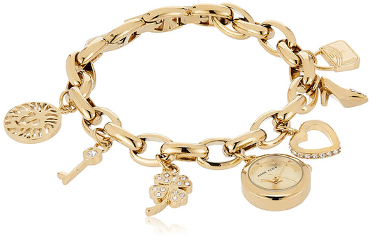 Anne Klein Stainless Steel Women's 10-7604Chrm Swarovski Crystal Analog Gold-Tone Charm Bracelet Watch