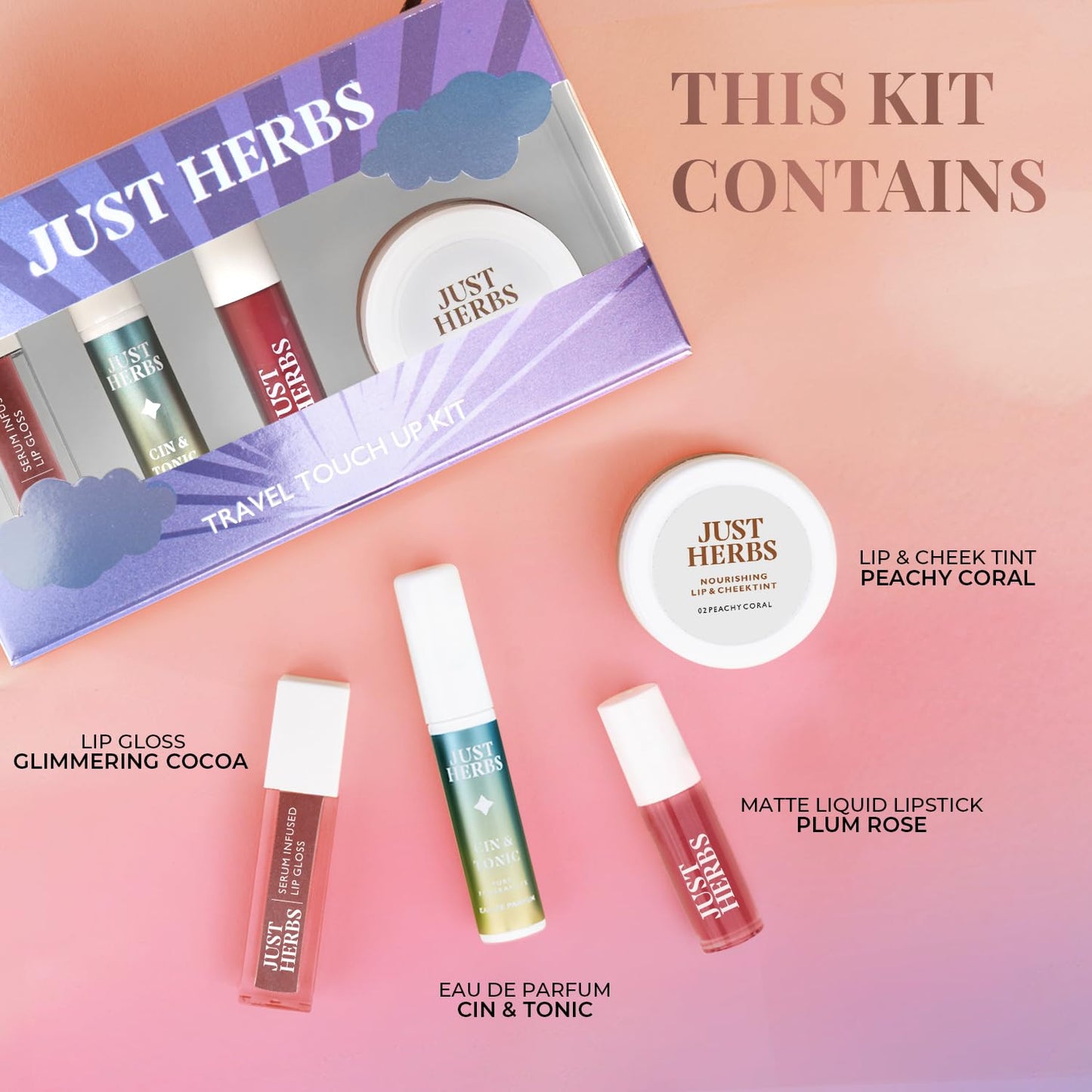 Just Herbs Travel Touch Up Kit Lightweight and Travel Friendly Gift Set of (Liquid Lipstick, Perfume, Lip Cheek Tint & Lip Gloss)