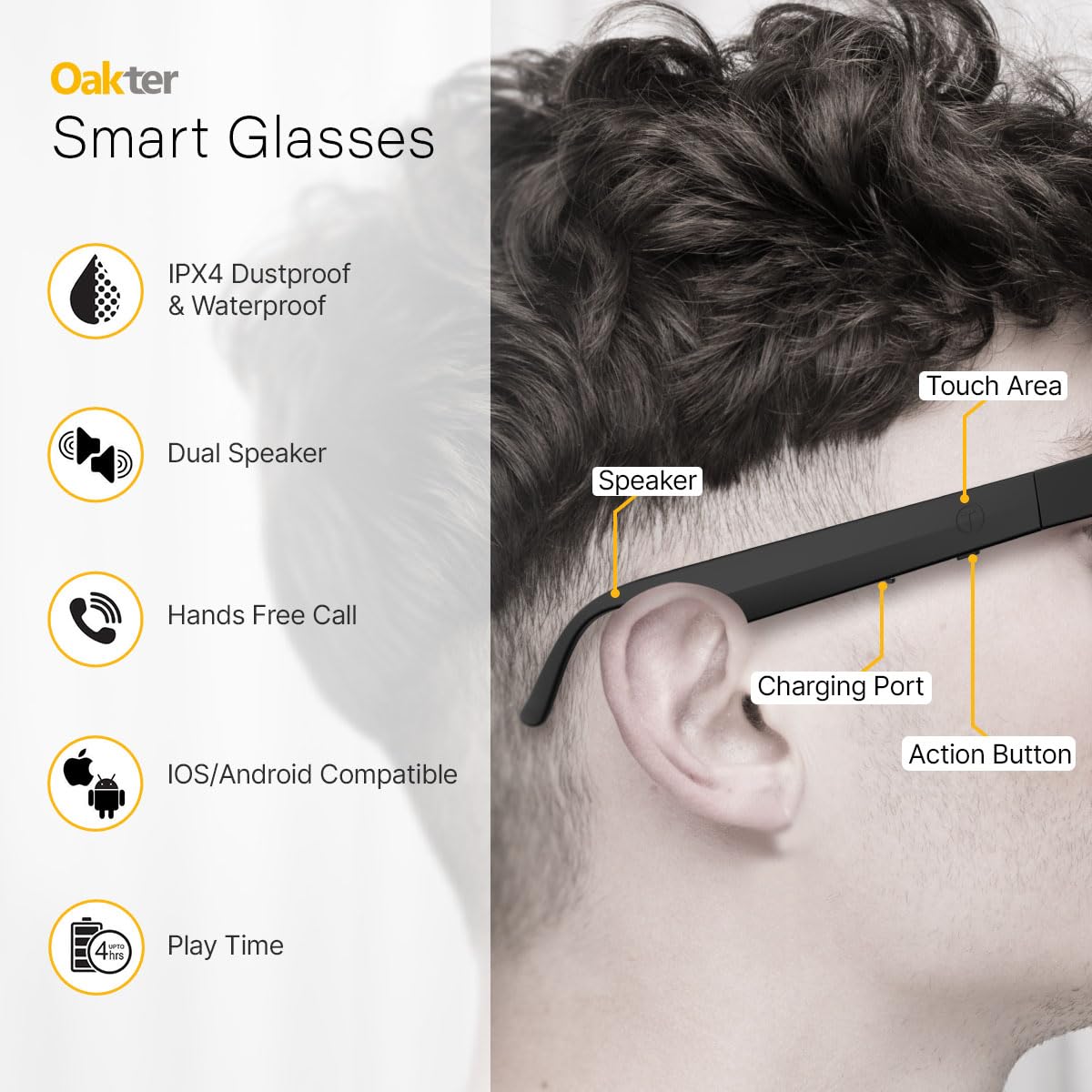 OAKTER Smart Glasses with Wireless Bluetooth | Hands-Free Calling | Open Ear Music | Sport Headset | Intelligent Eyewear | Connect with Your Mobile/Tablet | Black