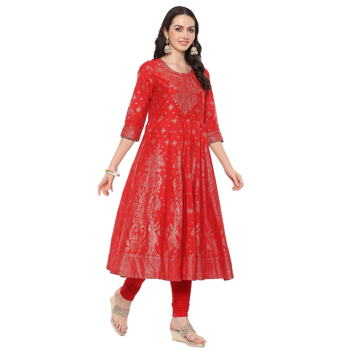 BIBA Women Cotton Printed Anarkali Salwar Kurta Dupatta(Skdgold Mur9148_Red_38)