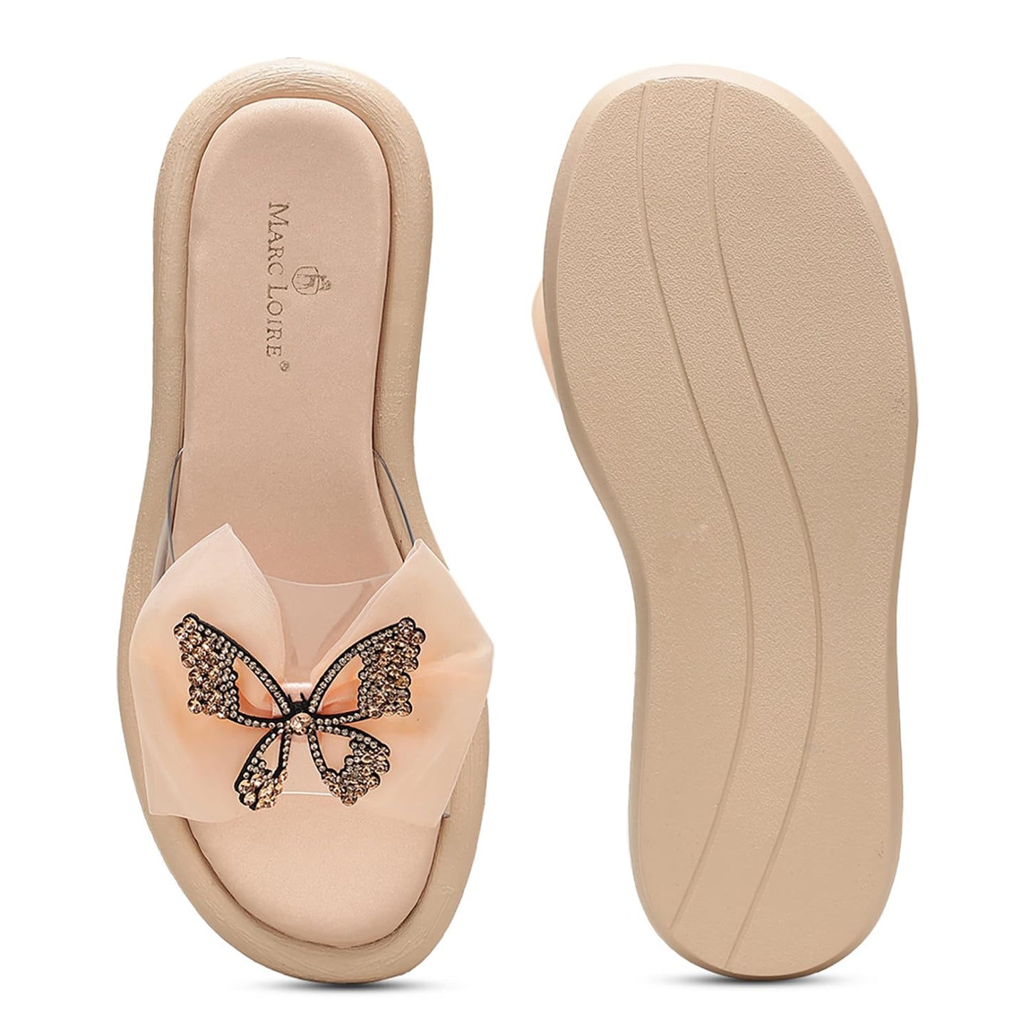 Marc Loire Women Smart Casual Butterfly Embellished Slip-On Flats | Open Toe Cute Fashion Sandals with Comfortable Sole (Peach, UK Footwear Size System, Adult, Women, Numeric, Medium, 4)