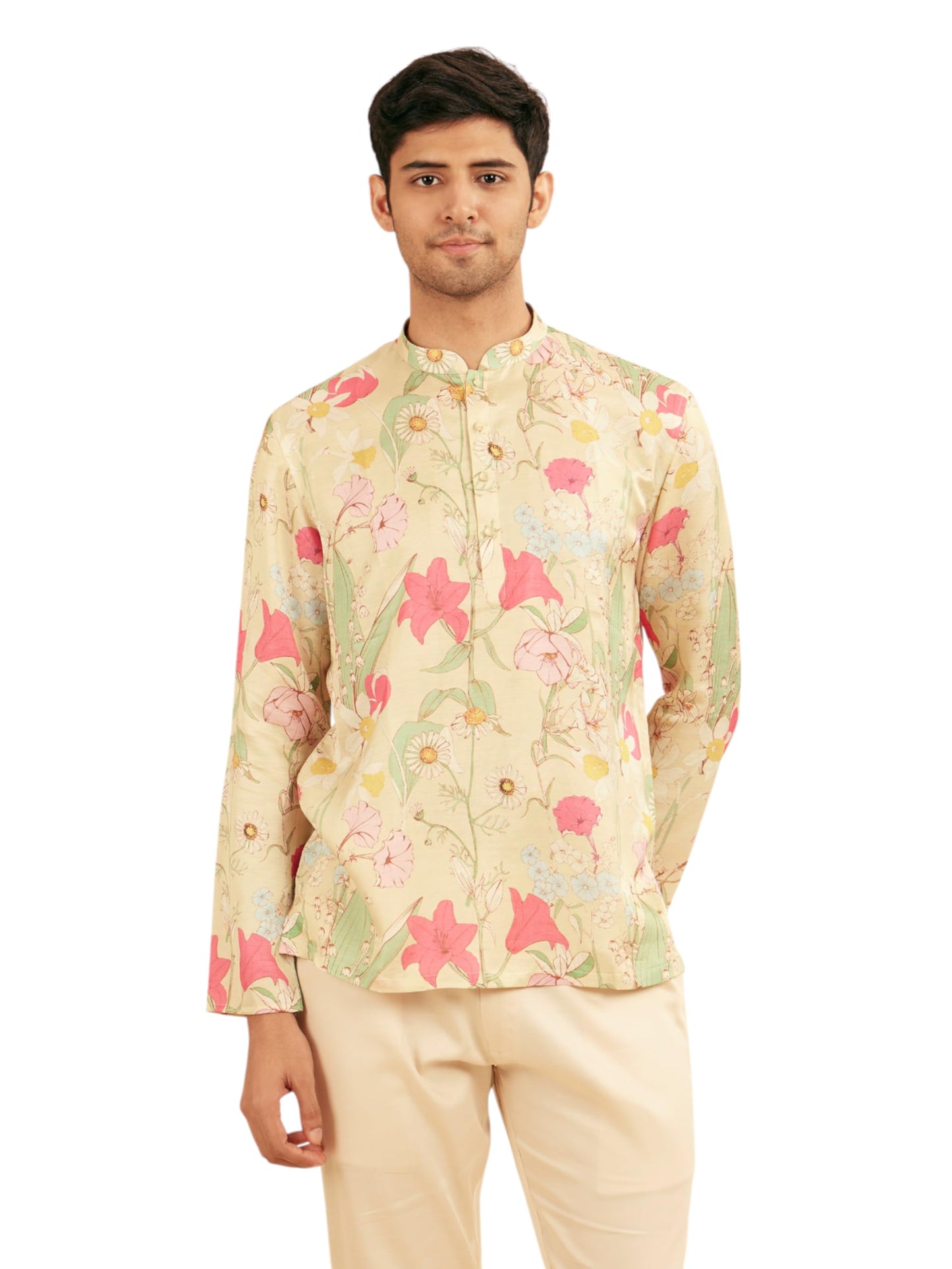 Manyavar Men's Satin Spring Floral Printed Short Kurta (Pista Green,M)
