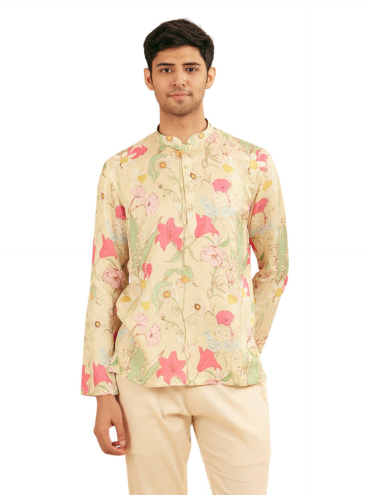 Manyavar Men's Satin Spring Floral Printed Short Kurta (Pista Green,M)
