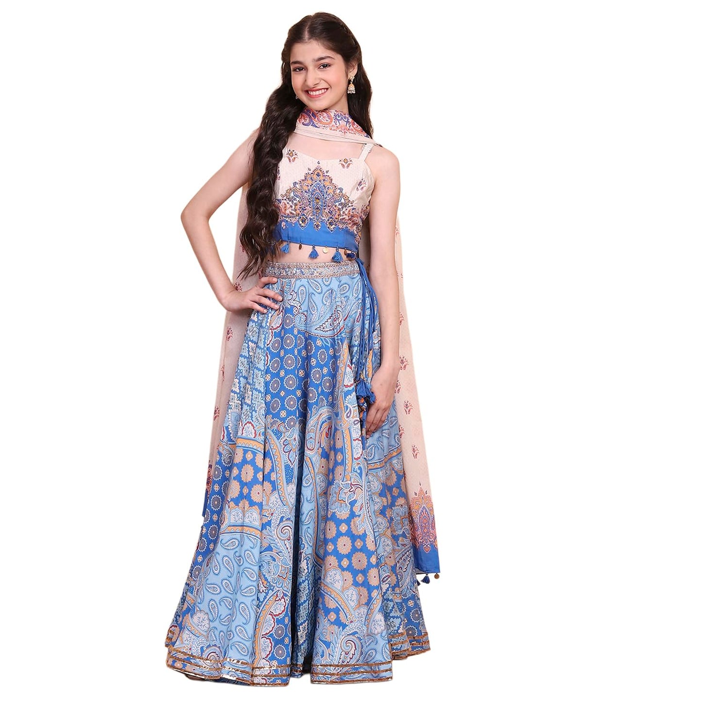 Biba Girl's Viscose Blend Lehenga Set (KWBOHEMIA6403SS25ELCBLU_Electric Blue_14-15 Year)