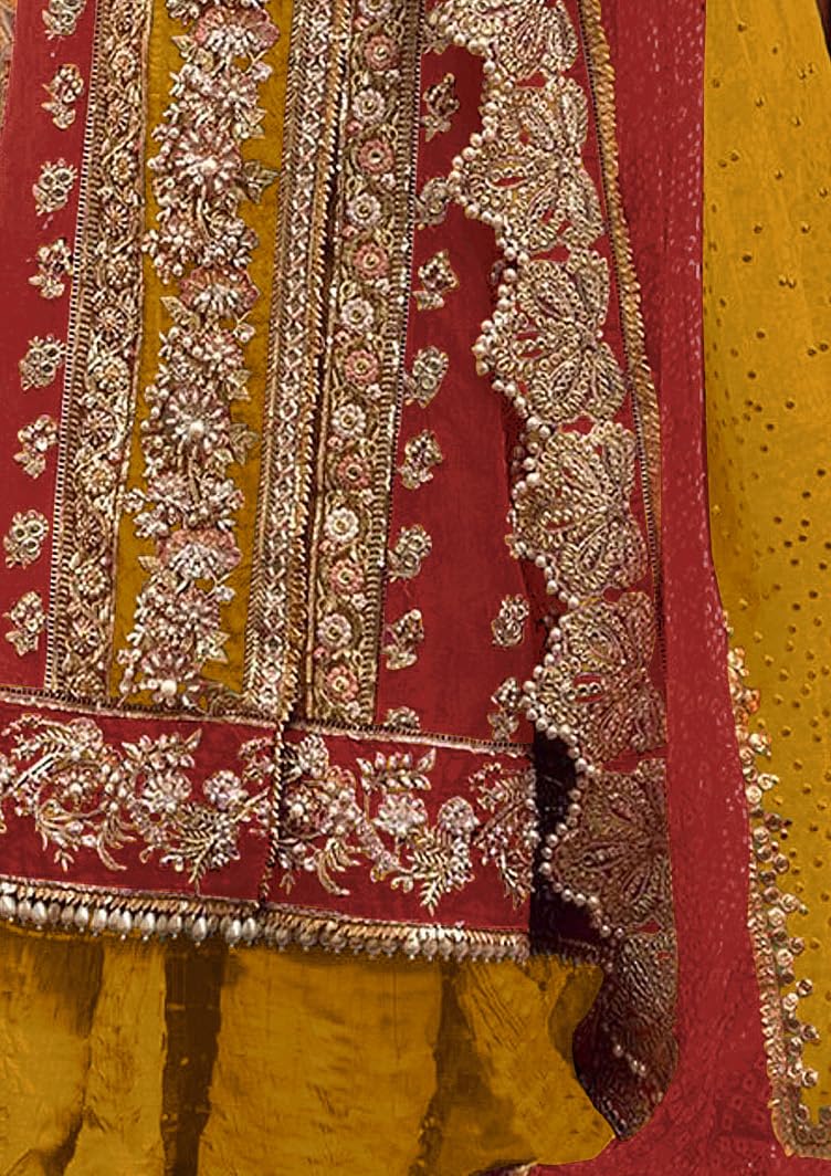 RUDRAPRAYAG Women's Mustard Color Traditional Organza Embroidered Semi Stitched Anarkali Suit Set With Embroidered Dupatta