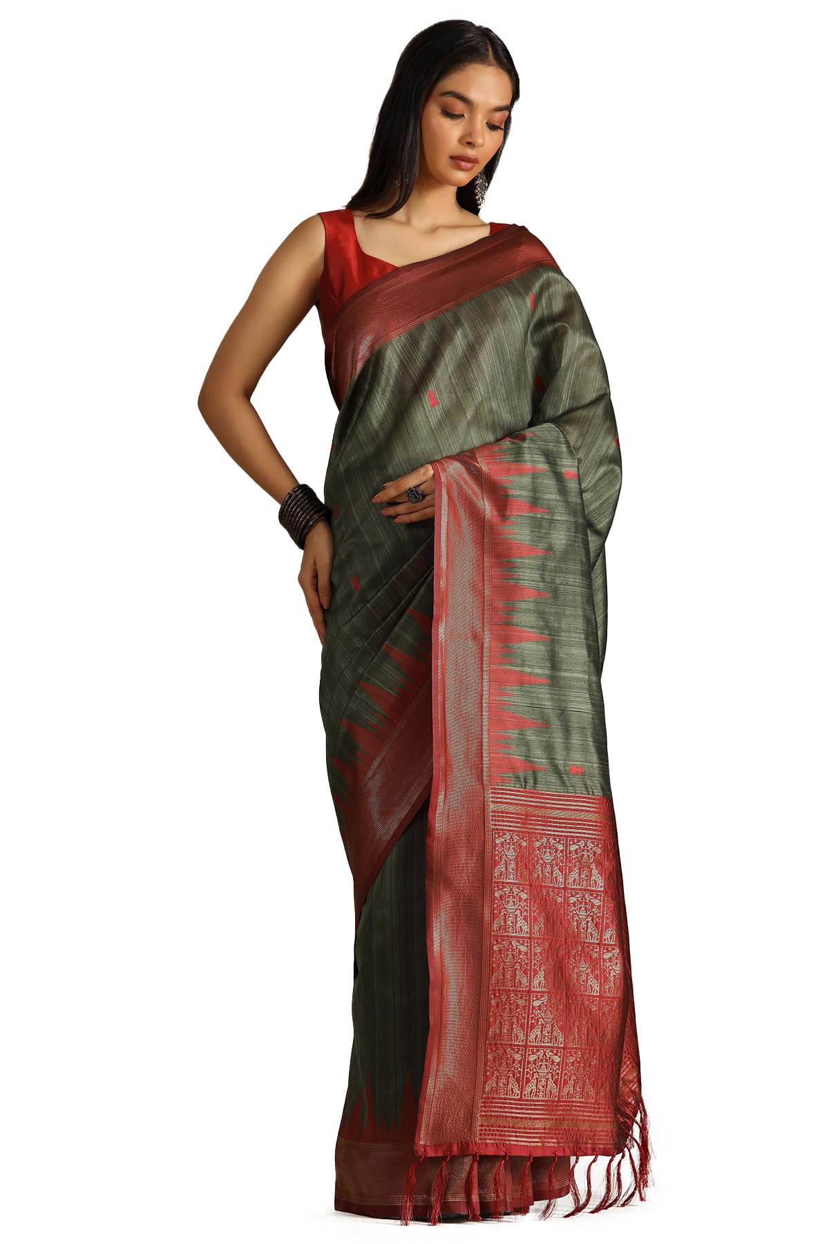 Soch Womens Olive Tussar Woven Design Saree